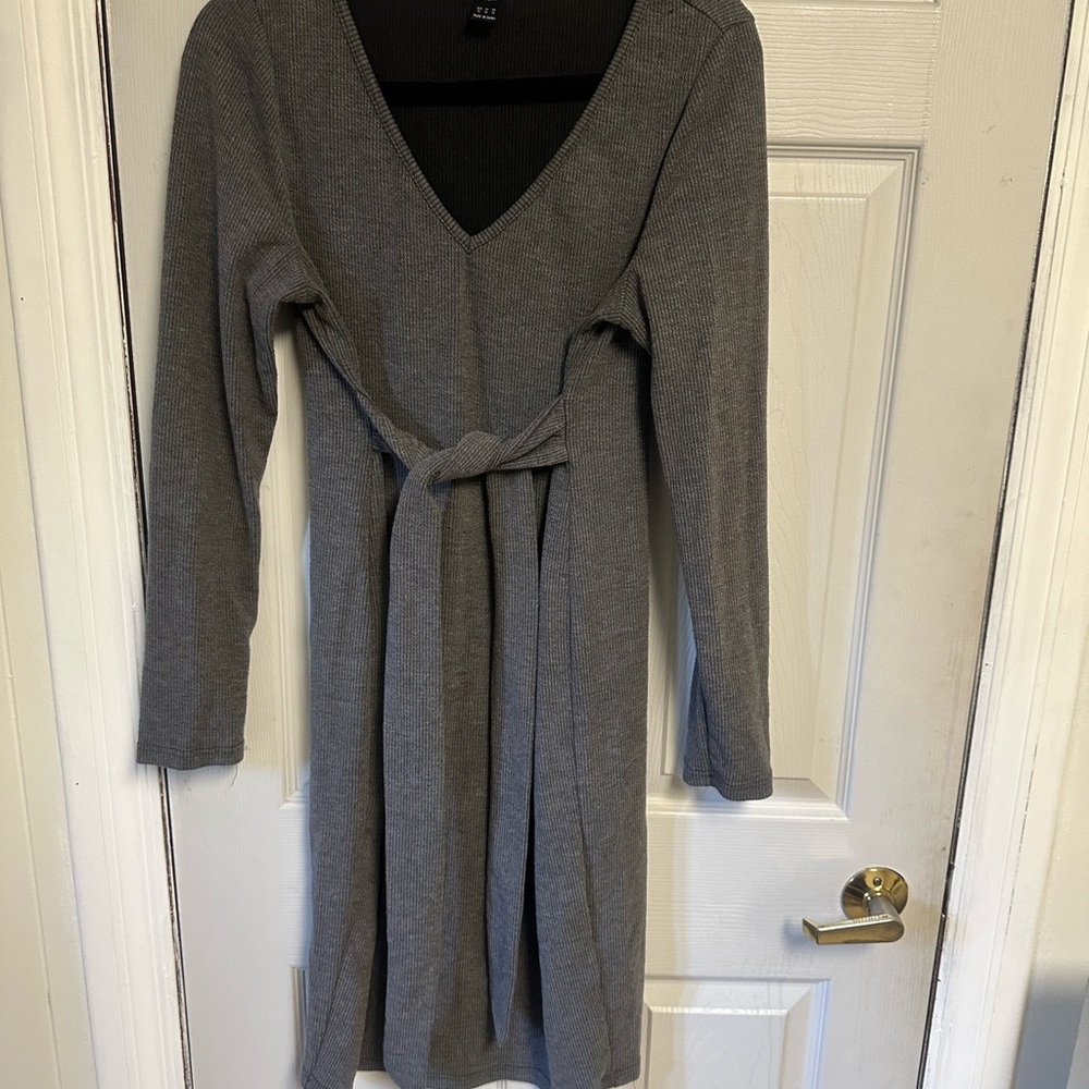 SHEIN Gray Long Sleeve V-Neck Sweater Dress